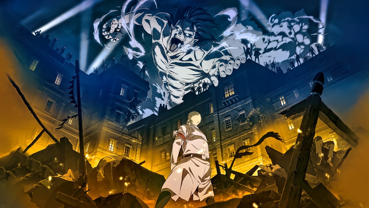 Eren Yeager in Titan form fighting a colossal Titan from Attack on Titan.